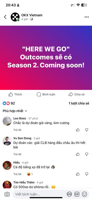 OKX Vietnam Facebook post announcing "HERE WE GO" Outcomes Season 2. Coming soon, with 92 reactions and comments in Vietnamese.