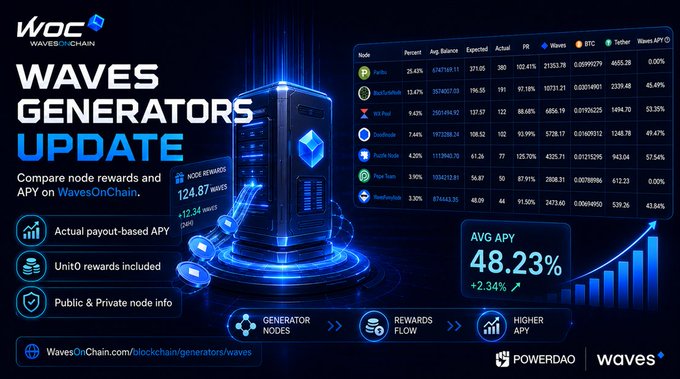 An advertisement for 'WAVES GENERATORS UPDATE' on WavesOnChain, highlighting an average APY of 48.23% and a node rewards table showing values like '124.87 WAVES' and '+12.34 WAVES'.