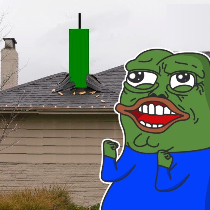 A meme combining a damaged house roof with a large green Sad Pepe character, featuring a green downward arrow pointing to the broken roof.