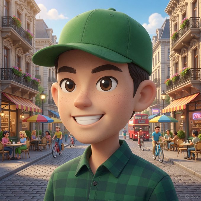 A 3D animated-style illustration of a smiling young man with freckles wearing a green baseball cap and green checkered shirt, standing on a cobblestone street lined with cafes, cyclists, and a red double-decker bus.