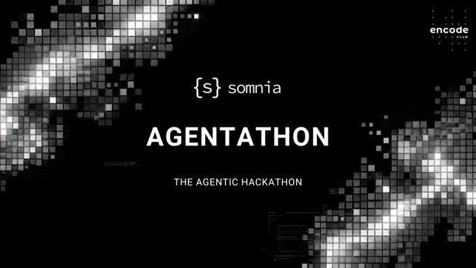 The image depicts a promotional poster for an event called "Somnia Agentathon", which occurs over ten days. The poster highlights that this gathering will focus on agents and their skills related to agentic hacking, as well as the importance of networking within the industry. There is a substantial prize pool available for the most novel and impactful projects showcased at the Agentic Hackathon, with $5k being the highest winning amount.