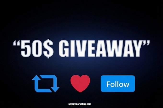 The image displays "50$ GIVEAWAY" in large white text on a dark background, accompanied by social media icons for retweet (blue arrows), like (red heart), and a blue "Follow" button, promoting a crypto giveaway requiring engagement actions. This visual directly corresponds to the post's instructions to follow, retweet, and like to enter the $50 Razed.com giveaway.