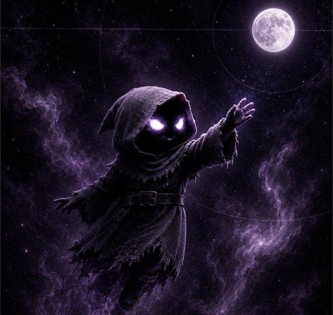 A digital artwork of a hooded figure with glowing purple eyes, wearing a tattered cloak and belt, reaching toward a full moon against a starry purple nebula background.