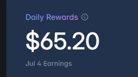Dark-themed dashboard widget showing 'Daily Rewards' earnings of '$65.20' dated Jul 4.
