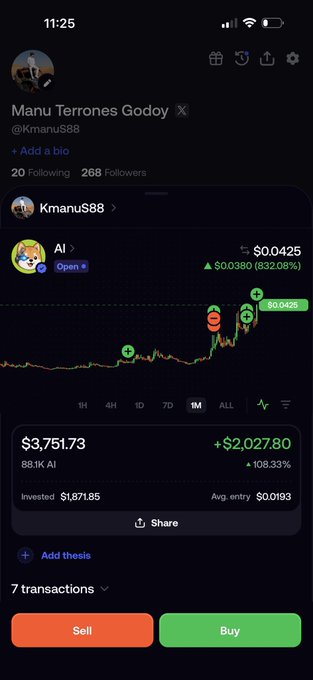 A Robinhood social profile showing a crypto portfolio with the ticker $AI, displaying a current value of $3,751.73 (+108.33%) from an $1,871.85 investment across 7 transactions, illustrating the gains the poster is referencing in their bullish thesis about $AI as a memecoin proxy to the Long Dot Protocol.