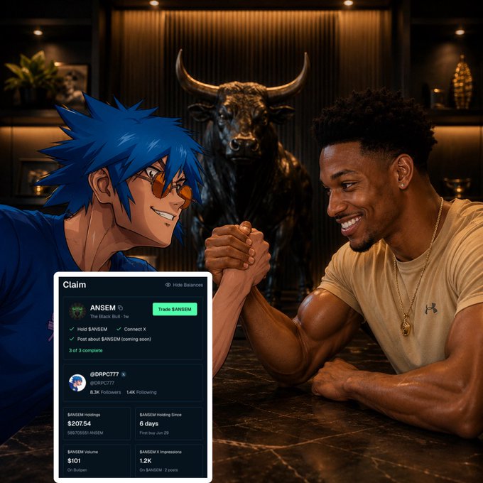 An anime-style blue-haired character arm wrestles with a smiling muscular man in a dimly lit lounge featuring a bronze bull statue, alongside an overlay showing a social media claim for '@ANSEM' ($ANSEM) with $207.54 holdings and $1.2K volume.