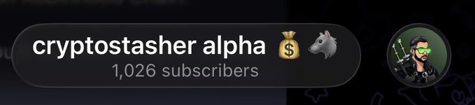 The image shows a YouTube-style channel banner for "cryptostasher alpha" featuring a money bag and rat emoji, displaying "1,026 subscribers." The accompanying post celebrates surpassing 1,000 members in just 2 days, promoting a free Telegram group where crypto alpha is being shared.
