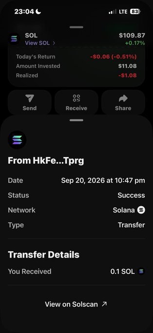 A screenshot of a Solana wallet shows a successful transfer of 0.1 SOL received on September 20, 2026, from an address beginning with "HkFe...Tprg," complementing the post's message of receiving a gift with gratitude from @skeppy26.