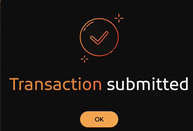 A confirmation screen displays a checkmark icon with the text "Transaction submitted" and an "OK" button, indicating that a successful transaction has been processed on the Pickaxe Finance platform, likely related to the buy low or sell high mode described.