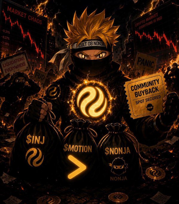 The image shows a stylized ninja character with glowing golden eyes and a "CULT 08 NINJA" headband standing amid a fiery, apocalyptic crypto crash scene. Red market charts display "MARKET CHAOS" and "CRYPTO MARKET EVERYTHING IS RED," while the ninja clutches three glowing coin bags labeled "$INJ," "$MOTION," and "$NONJA," along with a "COMMUNITY BUYBACK - SPOT SECURED" ticket—directly mirroring the post's theme of calmly stacking bags and securing a buyback spot while the rest of the market burns in panic and liquidations.