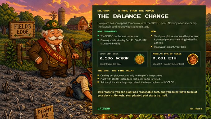 Promotional graphic for 'rh.farm - A message from the Mayor' titled 'THE BALANCE CHANGE', detailing $CROP token rewards and planting mechanics next to an illustration of a farmer mayor.