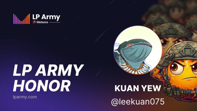 A promotional graphic for 'LP Army Honor' by Meteora featuring the username 'KUAN YEW' (@leekuan075) alongside cartoon mascot characters, including a soldier-like figure and a bomb character.