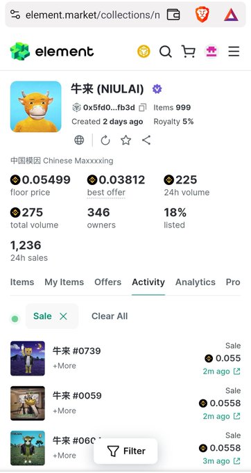A mobile screenshot of the Element market NFT platform showing a collection called "牛来 (NIULAI)" with 999 items, a floor price of 0.05499 ETH, and various sales statistics.