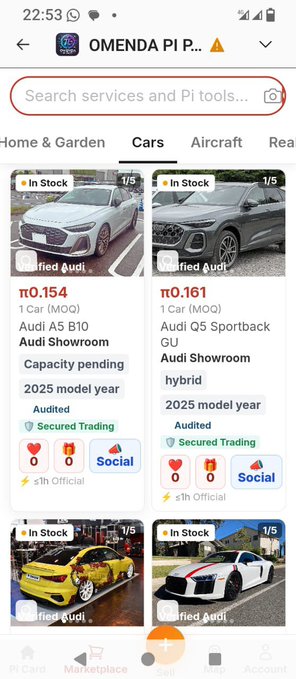 A mobile screenshot of the Pi Network marketplace showing listings for Audi cars (A5 B10 and Q5 Sportback) priced at π0.154 and π0.161 respectively, with categories like "Cars," "Marketplace," and "Sell" visible. The image demonstrates the Pi cryptocurrency being used as a medium of exchange for real-world goods, directly supporting the post's emphasis on the practical value and authenticity of Pi transactions.