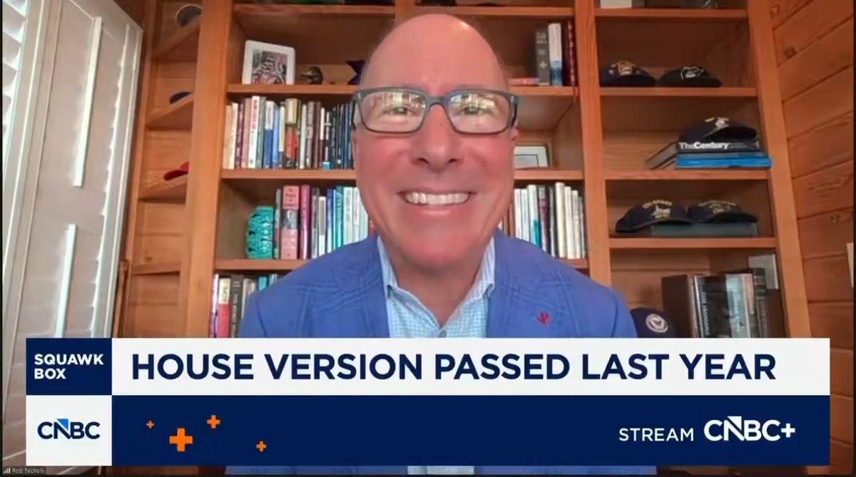 Rob Nichols, President and CEO of the American Bankers Association, appears on CNBC's "Squawk Box" via video link, with an on-screen graphic reading "HOUSE VERSION PASSED LAST YEAR," illustrating his discussion about the Clarity Act's potential to allow crypto and traditional banking to coexist under federal oversight.