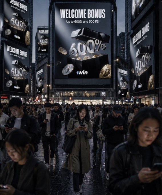 A bustling city street scene at dusk with crowds of people looking at their phones, surrounded by large digital billboards advertising 'WELCOME BONUS Up to 600% and 500 FS' for '1win'.