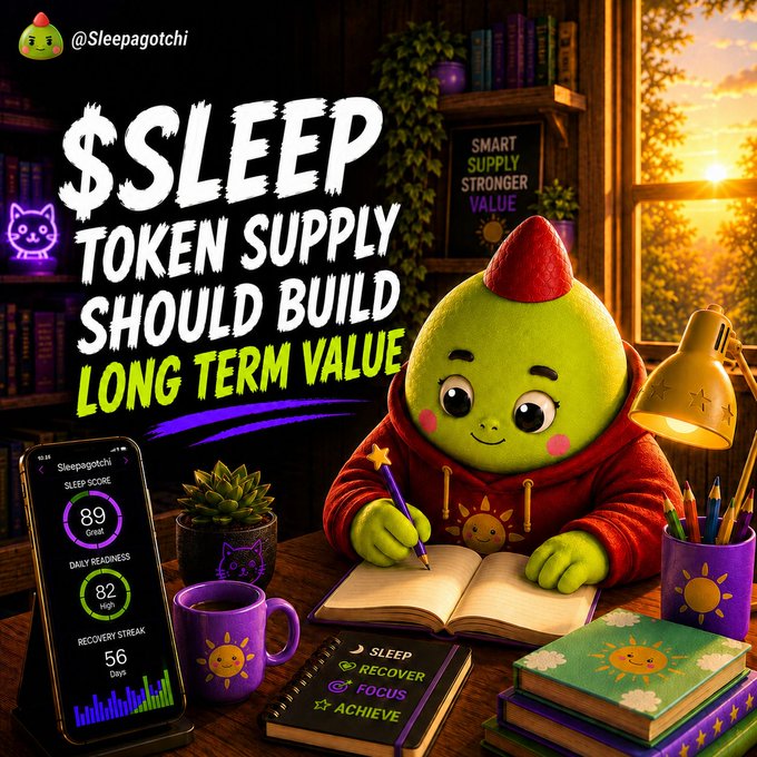 A Sleepagotchi promotional graphic reading "$SLEEP TOKEN SUPPLY SHOULD BUILD LONG TERM VALUE" featuring a green character studying and a phone showing a sleep score of 89.