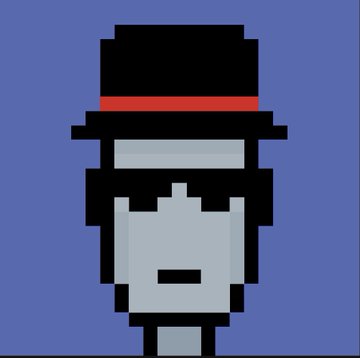 A pixel art illustration of a gray, abstract face wearing a black top hat with a red band, set against a blue background.