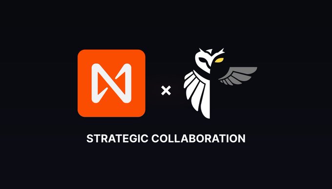 A promotional graphic announcing a 'STRATEGIC COLLABORATION' between Neon (orange 'N' logo) and another company represented by an owl/eagle mascot.