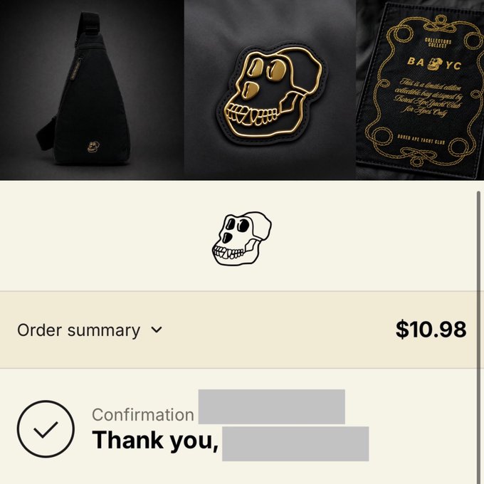 An online order confirmation for a BAYC (Bored Ape Yacht Club) skull sling bag, priced at $10.98, showing product details with personalized information redacted.