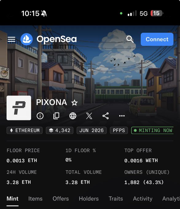 A screenshot of the OpenSea NFT marketplace displaying the PIXONA collection on Ethereum, showing a floor price of 0.0013 ETH, 24-hour volume of 3.28 ETH, 1,882 unique owners, and a green "MINTING NOW" status badge. The post references a "$0.9 MP to $2 FP" drop, suggesting the OP is highlighting this project as another struggling NFT collection with declining value, likely commenting on how the market continues to mint into new collections despite poor floor performance.