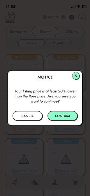 A mobile app screen showing a 'NOTICE' dialog warning 'Your listing price is at least 20% lower than the floor price. Are you sure you want to continue?' with CANCEL and CONFIRM buttons.