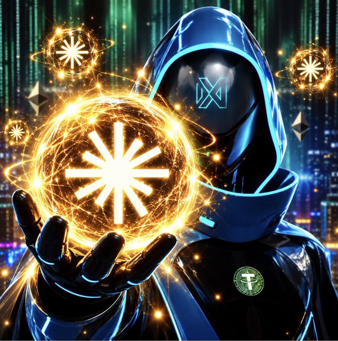 Digital art featuring a futuristic figure in a blue hooded jacket holding a glowing orange energy orb containing a white asterisk-like symbol, with floating ETH logos and a 'T' coin emblem on their chest.