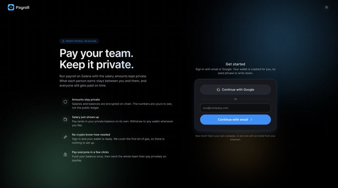 A screenshot of a Google Page where the website is black with blue text that says "Pay your team, Keep it private". There are several links within this message which appear to be related to Google Payroll or Google spreadsheets. The main focus in this image is on the message and its content rather than any other visual elements like people or pictures of cats.