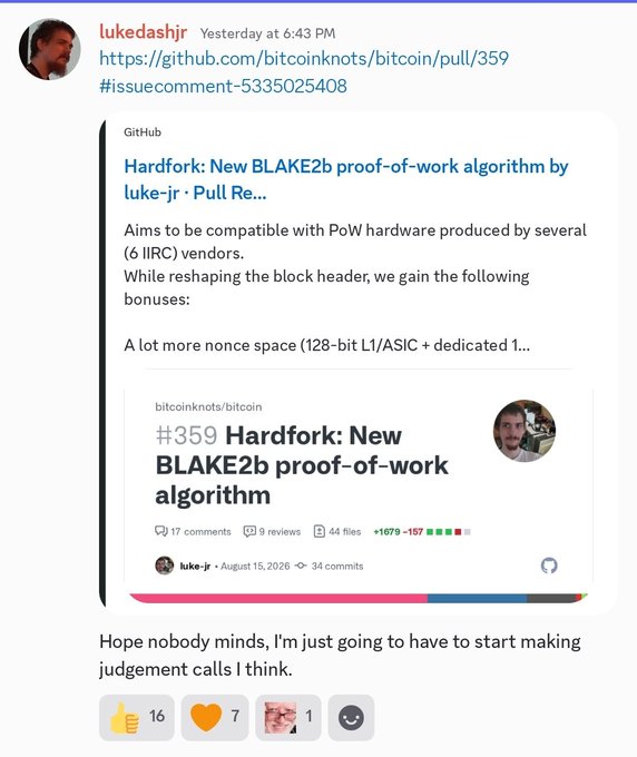A screenshot of a social media post by 'lukedashjr' sharing a GitHub link to a Bitcoin hardfork proposal titled '#359 Hardfork: New BLAKE2b proof-of-work algorithm' by luke-jr.