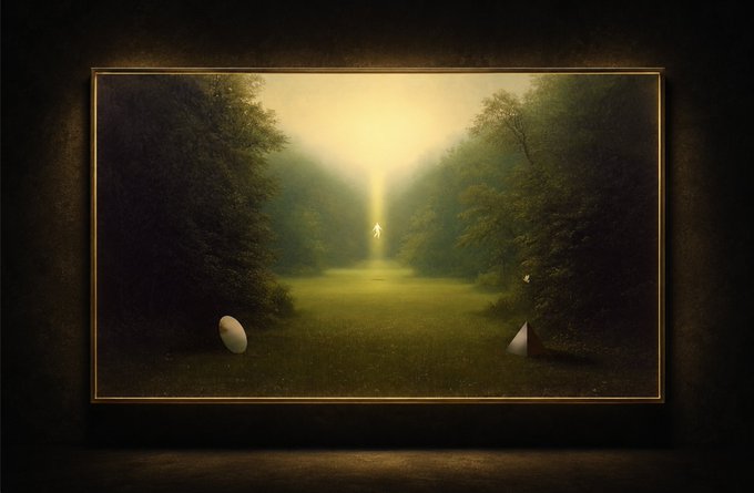A painting in a gold frame depicts a misty, glowing green forest path with a distant figure and scattered geometric objects (a cone and a sphere) in the foreground grass.