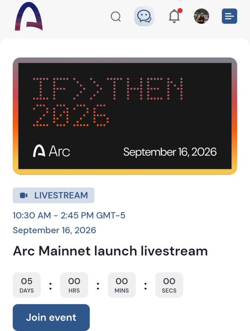 A webpage interface for an 'Arc Mainnet launch livestream' event on September 16, 2026, showing a countdown of 05 days, 00 hours, 00 mins, 00 secs, with 'LIVESTREAM' badge and a 'Join event' button.
