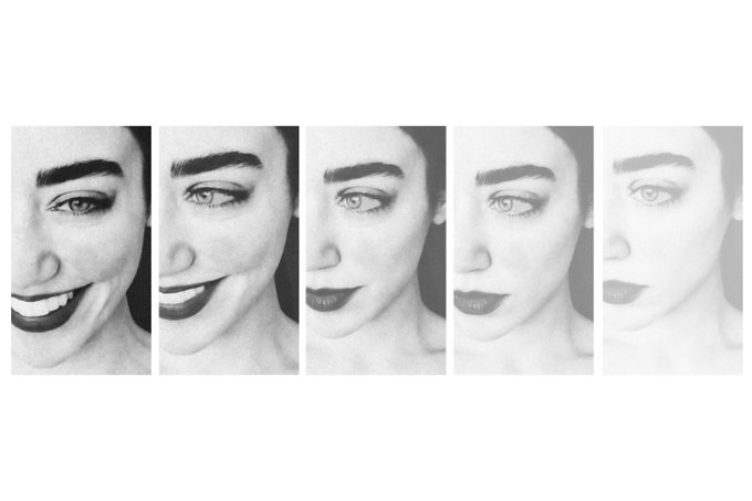 A black-and-white five-panel sequence showing a woman's face gradually fading as her bold makeup and bright smile slowly disappear from left to right.