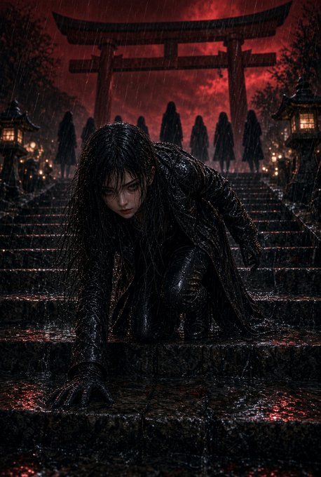 A dark, atmospheric digital illustration showing a black-haired figure in a wet, textured coat crawling on stone steps, with hooded silhouettes and a red torii gate looming in the background under a blood-red sky.