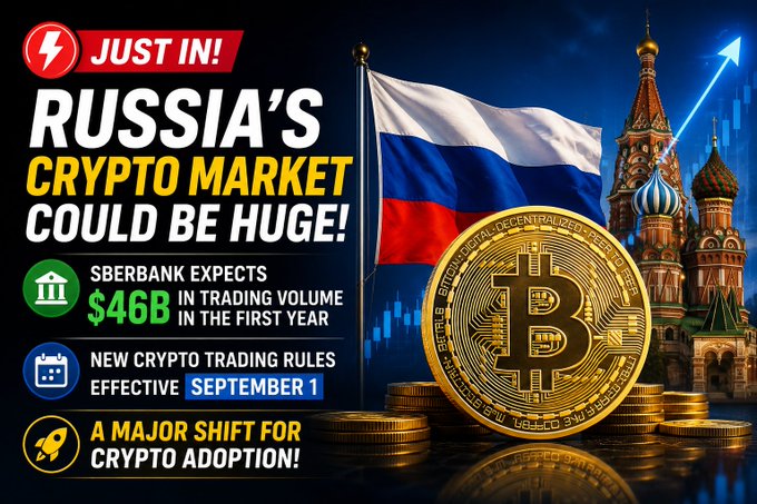 A news graphic titled 'JUST IN! RUSSIA'S CRYPTO MARKET COULD BE HUGE!' features the Russian flag, a large Bitcoin coin, and Saint Basil's Cathedral, with bullet points noting Sberbank's $46B trading volume expectations and new crypto rules effective September 1.