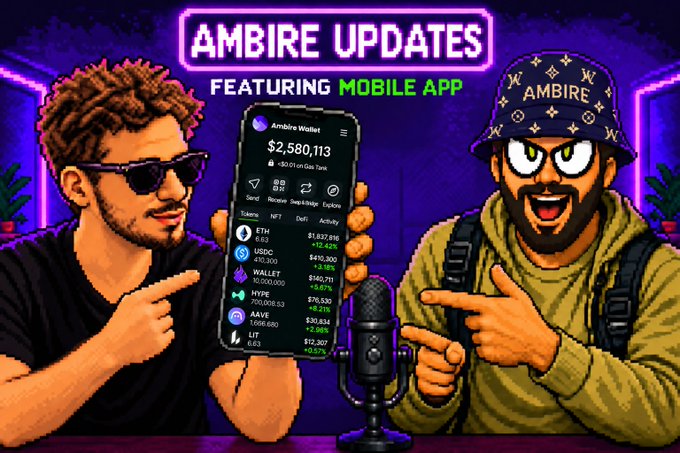 A pixel-art style thumbnail reading 'AMBIRE UPDATES FEATURING MOBILE APP,' showing two illustrated characters pointing at a phone displaying the Ambire Wallet interface with token balances like ETH, USDC, and WALLET.