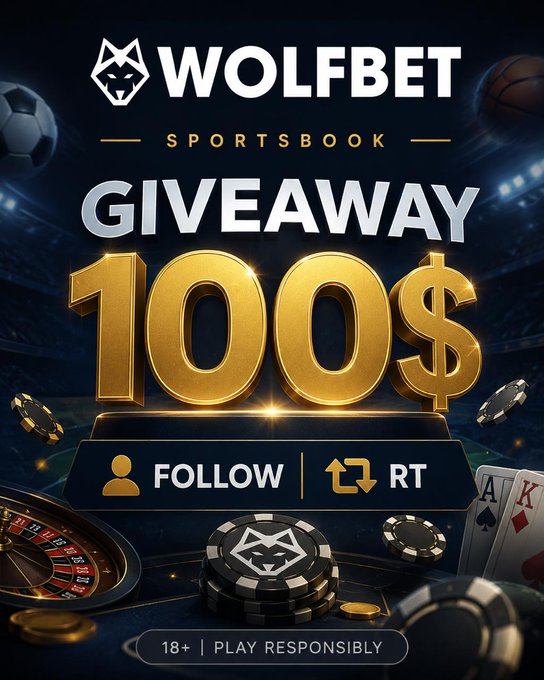 The image features a casino advertisement for Wolfbet SportsBook, which offers a 100 dollar prize for anyone who wins at their slot machines. The poster includes images of various slot machines with chips scattered around them, as well as some poker chips on the table. The text in the image reads "100 #SOL Winify x Wolfbet Giveaway 1 Winner Follow @WinifyGG & @wolfdotbet Retweet Rolls in 8 days".