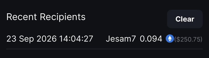 A dark-themed "Recent Recipients" interface displays a single transaction log showing 0.094 ETH (~$250.75) sent to "Jesam7" on 23 Sep 2026 at 14:04:27, with a "Clear" button on the right. The image serves as visual proof of the recent payout, supporting the "Congrats, you win!" message by confirming a successful reward transfer.