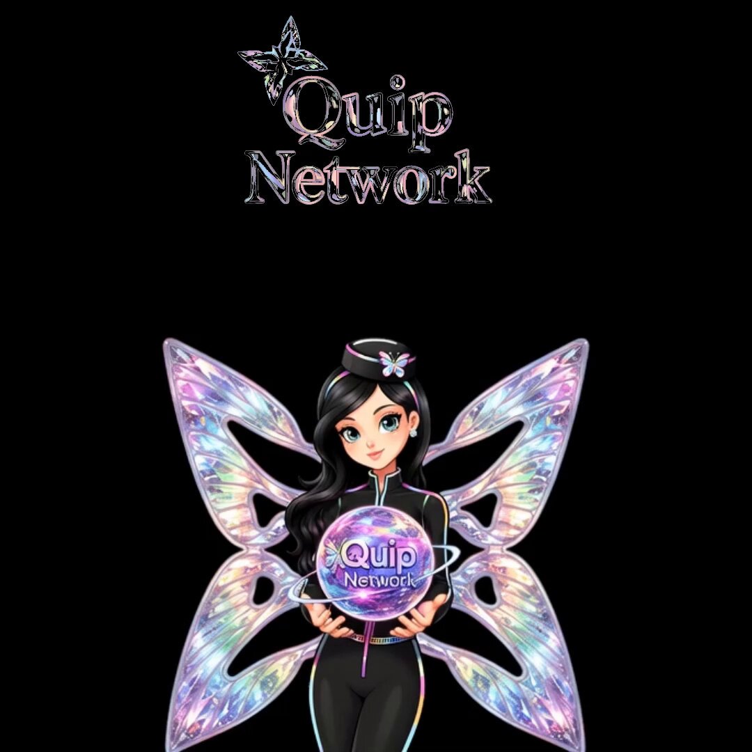 The image features a cartoon girl with wings holding a ball of light purple color. The background is black, making the colorful illustration stand out. Below the girl's wings, there is text that reads "Quip Network launched its account platform account." This suggests that the image might be related to an advertisement or promotional material for Quip Network, which is a company focused on creating and managing digital content.