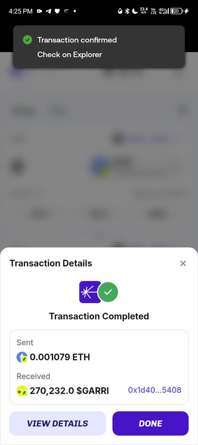 A mobile screenshot showing a completed cryptocurrency transaction confirmation where 0.001079 ETH was sent to receive 270,232.0 $GARRI tokens, supporting the post's claim of purchasing $GARRI with the displayed transaction ID "0x1d40...5408."