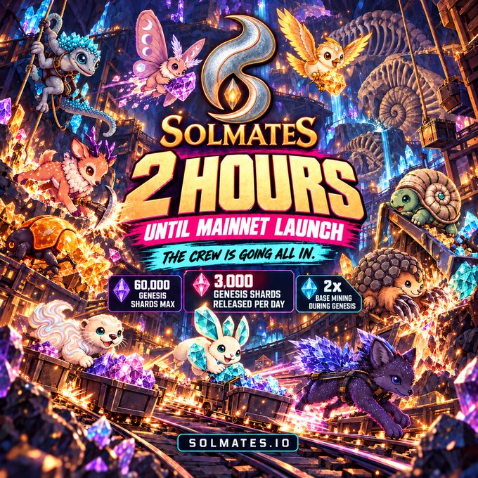 A promotional graphic for 'Solmates' cryptocurrency mainnet launch countdown, featuring colorful fantasy creatures, mining imagery, and stats: '60,000 Genesis Shards Max', '3,000 Genesis Shards Released Per Day', '2x Base Mining During Genesis', with website solmates.io.