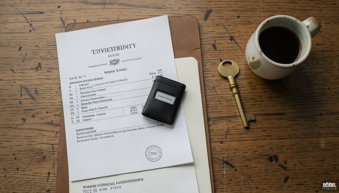 A flat lay of a document titled 'TOVIE TRIENTITY' with text 'VIKING CORSAIR ANALEPTICS' alongside a small black box, an antique key, and a cup of coffee on a wooden table.