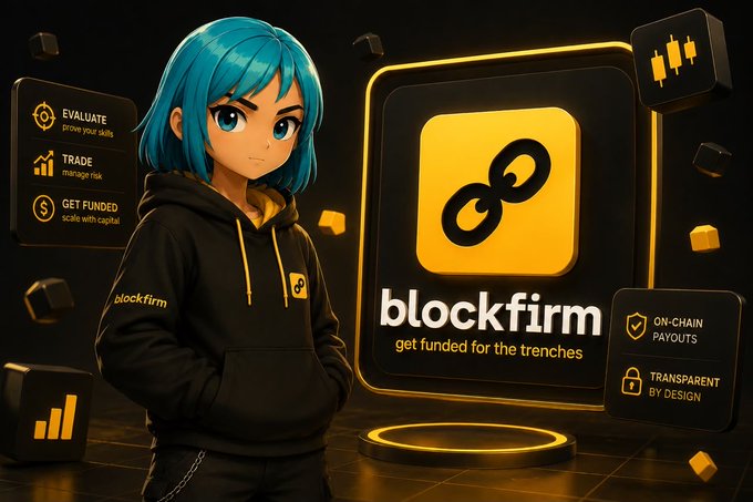 An anime-style character with blue hair wearing a "blockfirm" hoodie stands beside a glowing Blockfirm logo, surrounded by feature highlights including "Evaluate: prove your skills," "Trade: manage risk," "Get Funded: scale with capital," "On-Chain Payouts," and "Transparent by Design," with the tagline "get funded for the trenches." The image visually reinforces the post's introduction to Blockfirm's approach of letting traders prove their skills before risking real capital, kicking off Episode 1 of the series.