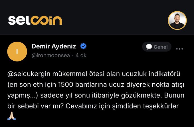 A screenshot of a Selcoin Twitter/X post by Demir Aydeniz (@ironmoonsea) where he asks @selcukergin why the "cheapside indicator" only displays data from year-end onward, specifically noting that ETH was previously flagged as cheap around the $1500-1550 levels but this historical signal is not visible in the platform.