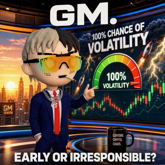 A meme-style image featuring a 3D cartoon character in a suit with sunglasses pointing at a screen displaying '100% CHANCE OF VOLATILITY' with rocket graphics, captioned 'GM. EARLY OR IRRESPONSIBLE?' with a 'CAFFEINE. CRYPTO. CHAOS.' mug.