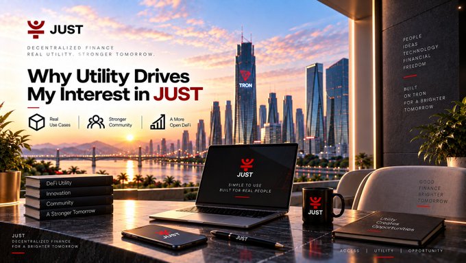 A promotional graphic for the cryptocurrency JUST, featuring the headline "Why Utility Drives My Interest in JUST" with subheading "Decentralized Finance. Real Utility. Stronger Tomorrow." displayed against a modern city skyline backdrop with a laptop and mug branded with the JUST logo.