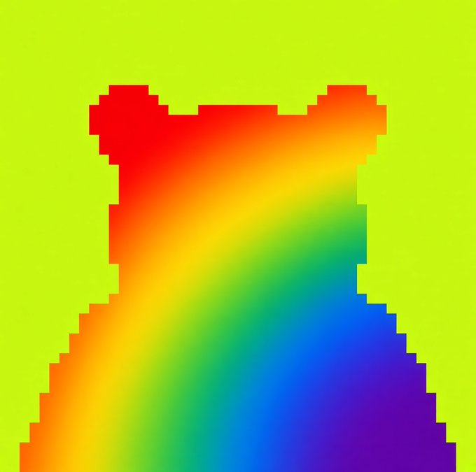 A pixel art bear silhouette filled with a rainbow gradient set against a bright green background.