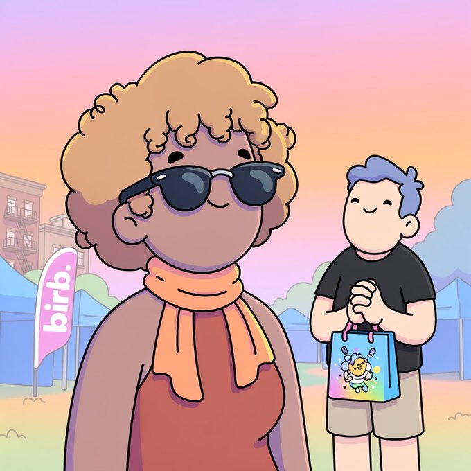 An illustration of a curly-haired character wearing sunglasses and an orange scarf standing in front of a 'birb.' banner, while another character holds a tote bag with a cute mascot design.