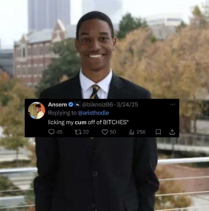 A young Black man in a black suit and striped tie smiles in a graduation-style portrait set against a university campus backdrop. Overlaid on the image is a screenshot of a verified X (formerly Twitter) reply from "Ansem" (@blknoiz06) dated 3/24/25 that crudely states "licking my cum off of BITCHES*," garnering 25K views, 45 comments, 22 reposts, and 50 likes.

The contrast between the polished, wholesome graduation portrait and the vulgar, attention-seeking crypto influencer tweet mirrors the post's mockery of "saving the trenches" culture—juxtaposing respectability with the crude, predatory reality behind the facade.