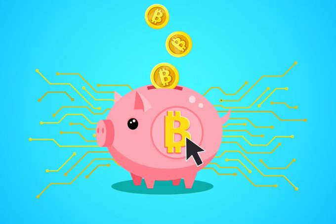A pink piggy bank with a Bitcoin (₿) symbol on its side collects falling gold Bitcoin coins, while a cursor clicks the symbol, all set against a blue background with golden circuit board lines—illustrating the concept of saving or buying Bitcoin, aligning with the post's message about beginner tips for purchasing BTC.