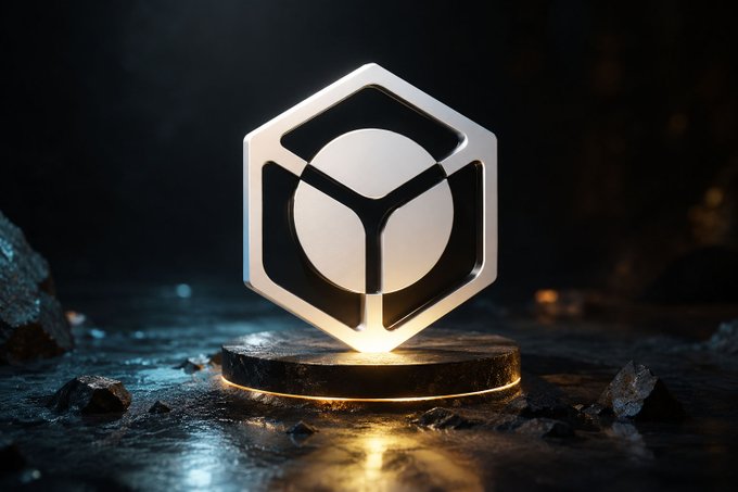 A glowing white hexagonal logo with a central circular element sits on a dark, rocky pedestal illuminated by warm light against a dark background.